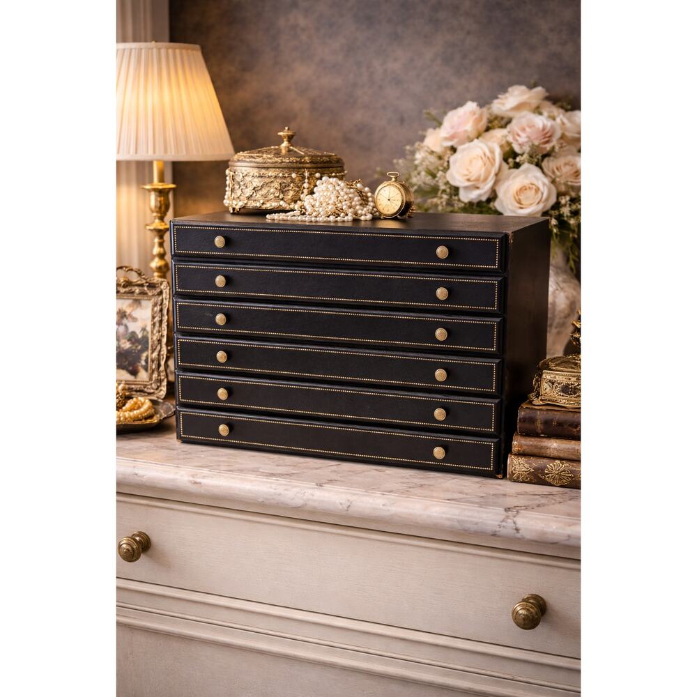 Vintage Jewelry Box Black Leather Gold Trim Ralph Lauren Style Storage Chest